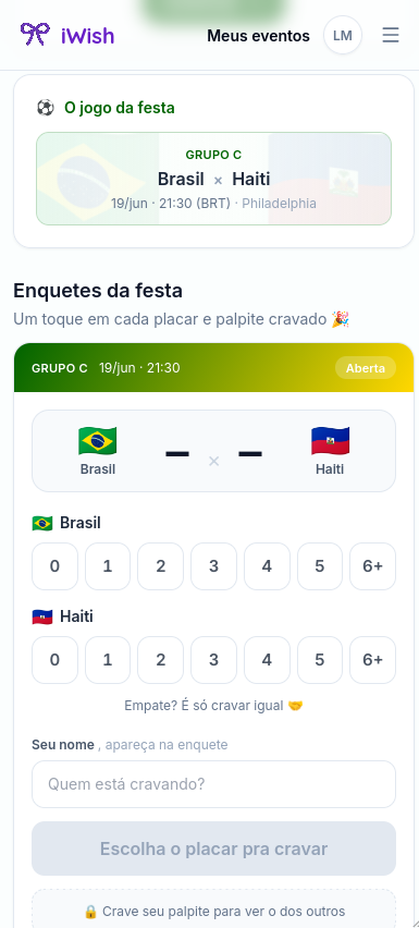 Exemplo de página de evento da Copa no iWish